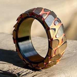Superconductor Ring with Black Zirconium Inlay Acid Etched Men&#39;s Wedding Band, Unique Tech Ring, Geek Jewelry, Handmade Gift