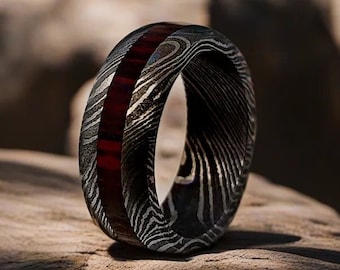 Unique Damascus Steel Whiskey Barrel Rings Damascus Steel Rings Wood Inlay Mens Promise Ring Wood Wedding Ring Engagement Ring Wedding Band
