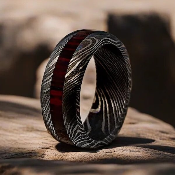 Unique Damascus Steel Whiskey Barrel Rings Damascus Steel Rings Wood Inlay Mens Promise Ring Wood Wedding Ring Engagement Ring Wedding Band