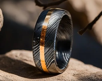 Damascus Steel Inlayed Copper Man Wedding Ring Man Promise Ring Damascus Steel Ring Man Ring Engagement Ring Anniversary Ring Wedding Band
