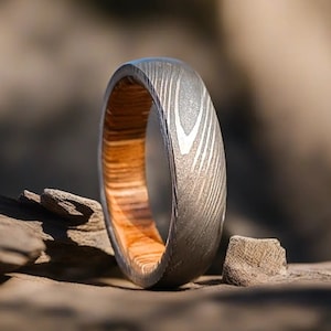 Damascus Steel Whiskey Barrel Ring with Wood Inlay | Handmade Men’s Wedding Band