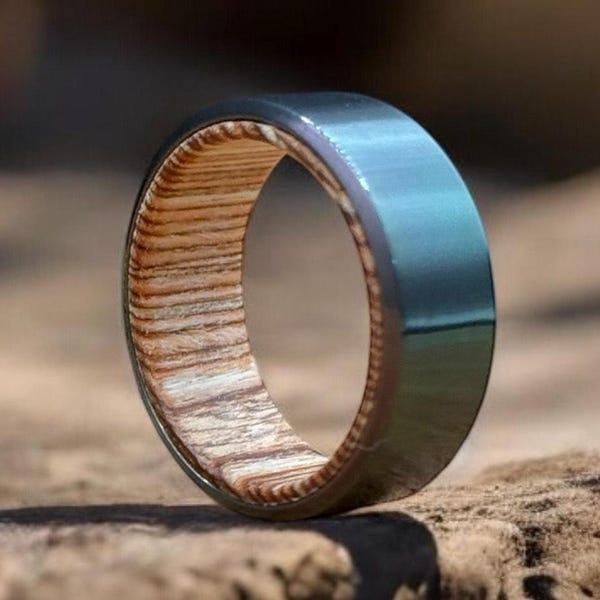 Unique Zirconium Whisky Barrel ring Handmade Zirconium Men Black ring Whisky Barrel Inlay Industrial modern ring Brushed finish Wedding band