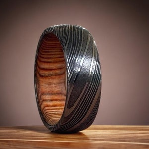 Damascus Steel Wedding Band Whiskey Barrel Steel Rings Dome Promise Ring Wood Wedding Ring Damascus Steel Rings Wood Inlay Engagement Ring