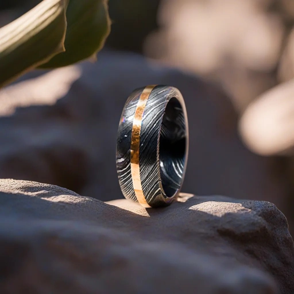 Damascus Steel Inlayed Copper Man Wedding Ring Man Promise Ring ...