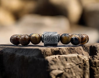 Tiger Eye & Damascus Bead Stretch Bracelet – Healing Gemstone Beaded Bracelet, Protection Gift