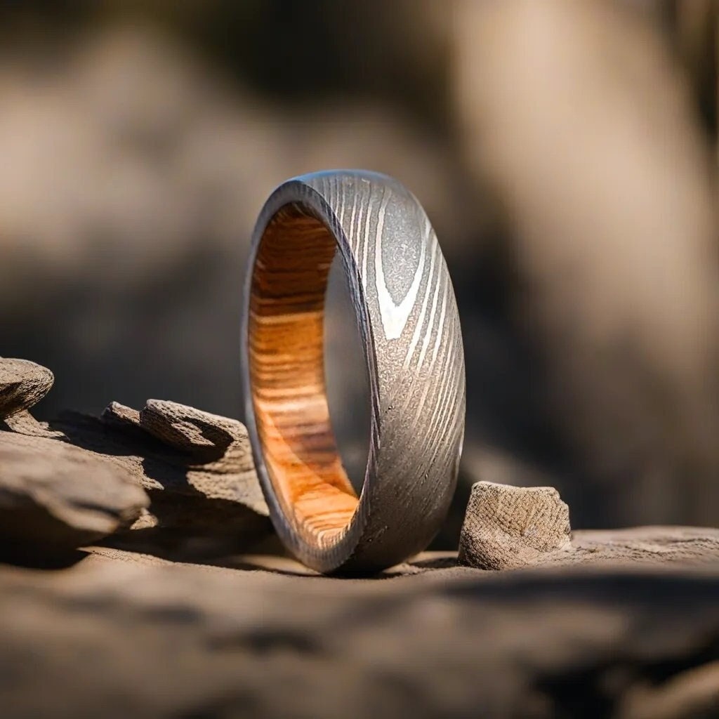 Damascus Steel Whiskey Barrel Ring with Wood Inlay | Handmade Men’s Wedding Band