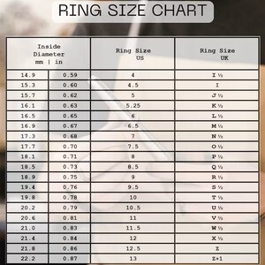 May include: Ring size chart with measurements in millimeters and inches, and corresponding US and UK ring sizes. The chart includes inside diameters from 14.9 mm (0.59 in) to 22.2 mm (0.87 in), with US sizes from 4 to 13.