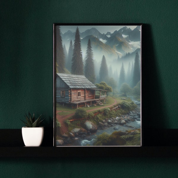 Log Cabin Forest Picture Misty Mountain Cabin Wall Art Misty Mountain Forest Home Decor Forest River Artwork Log Cabin PRINTABLE Poster Art