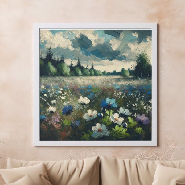 Meadow Wildflowers Watercolor Painting Vintage Landscape Poster Farmhouse Wall Decor Forest Scene Wall Art Moody Skies PRINTABLE Artwork