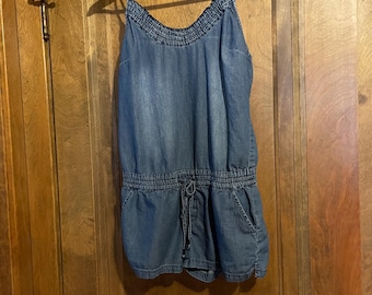 Vintage Denim Cotton AEROPOSTALE Jumpsuit Romper Overalls. Small Petite. Women's Blue Jean Short Shorts.