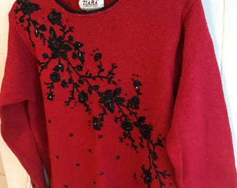 90s VINTAGE Tiara International Christmas Holiday Red Knit Sweater. Elegant shoulder pads!! Women's Small.