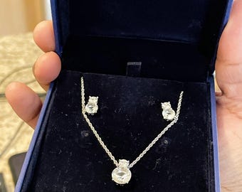 Authentic Swarovski Vintage Brilliant Crystal Rhodium Solitaire Necklace and Earrings Boxed Set