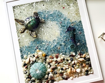 Handmade Textured Glass Art & Stand - Sea Marine Life Theme, Framed Relief Sculpture Picture 9.5" x 11.5" Suncatcher Aquamarine Home Decor