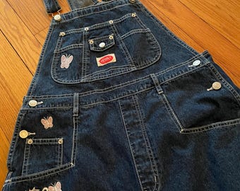 REVOLT Jean Overalls / Floral Butterfly Embroidered Denim Cotton 90s Grunge Blue Long Pants / Vintage Boyfriend Suspender Dungarees