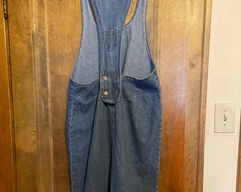 VTG Lee Riveted Racerback Branded Jean Overall Dress - Cotton, Lightweight Bib Long Blue Jean Dress 1980s 1990s Preowned Vintage