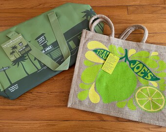 Trader Joes RARE Lemon Lime Burlap Tote & XL 8 Gallon Picnic Storage Insulated Cooler Bag. TJs *New International Shipping Option!