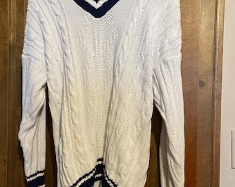 Vintage 90s Avon Tennis Sweater, Cream and Navy Blue, Prep College Style, Size: M/L U.S.A. Made