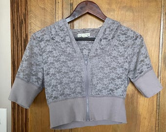 Lovely Hooded LOVE BY DESIGN Vintage Lace Mauve-Purple Crop Zip Up Jacket Top - Y2K 2000s 00s