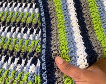 Handmade Crochet Baby Boy or Toddler Snuggle Blanket Throw. Shower Gift Blanket