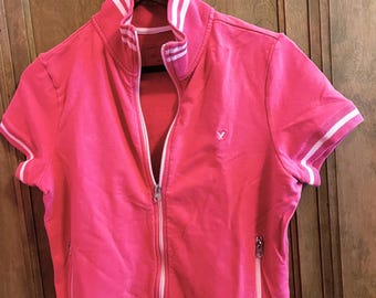 Vintage AMERICAN EAGLE Outfitters Cotton Blend Prep Hot Pink Stripped FULL Zip Up, Women's L (runs small)