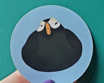 May include: A round sticker featuring a cartoon puffin. The puffin is black with a white face and a yellow beak, set against a light blue background. The sticker is held by a person with purple nail polish.