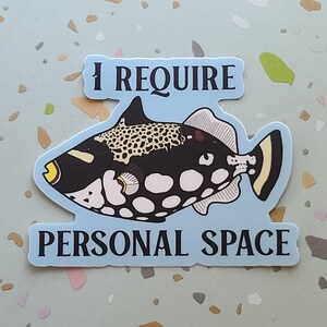 May include: A sticker featuring a stylized fish with black, white, and yellow markings. The sticker has the text "I REQUIRE PERSONAL SPACE" in a light blue banner above and below the fish illustration.
