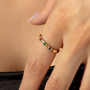 Mother&#39;s Day Gifts, Princess Shaped Birthstone Ring, Gold Stackable Gemstone Rings, Family Birthstone Ring For Mothers, Personalized Jewelry