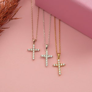 Mother&#39;s Day Gifts, 14K Gold Zircon Diamond Cross Necklace, Gift For Mom, Silver Cross Necklaces For Women, Gifts For Her, Religious Jewelry