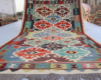 6x9 Modern Design Kilim Rug - Blue Red Beige Afghan Handmade Wool Area rug - Geometric Boho Rug - Rug for living room - Bedroom Rug Kitchen