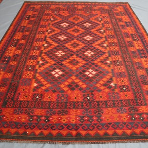 7x9 Area Rug, Large Rug 1960s Antique Afghan Rug, Authentic Flatweave Rug, Geometric design Living Room Rug, Oriental Turkmen Tribal Carpet