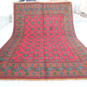 6'5x9'7 Antique Turkmen Tegap Tribal Bokhara Rug, Handmade Wool faded Vintage Red Area Rug, Oriental Afghan Rug, Traditional Rug Bedroom Rug
