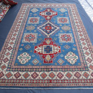 6x9 Blue Beige Kazak Rug - Afghan Hand knotted Veg dyes Wool Area Rug - Oriental Soft Wool Boho Rug - Rugs for Living Room- Kitchen Area Rug