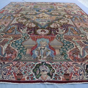 Collectors Piece Rug 10x13 Large Pictorial Rug/ Afghan Handmade 1980s Antique Rug/ One of a kind Rug/ Tree Of Life Rug/ Nomadic Art deco Rug