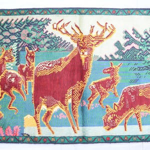 Blue Pictorial Rug 5x3 Afghan Handmade Art Rug- Animal Print Rug- Kids Room rug- Red Blue Beige Antelope Patterned Rug, Wall Hanging Rug