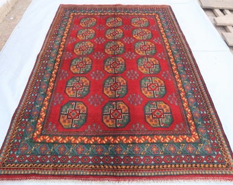 6x8 Ft Large Afghan Super Fine Red Ersari Rug/ Rich Colors Turkmen Hand Knotted Wool Oriental Area Rug/ 6x8 Ft Rugs for Bedroom/ Living Room