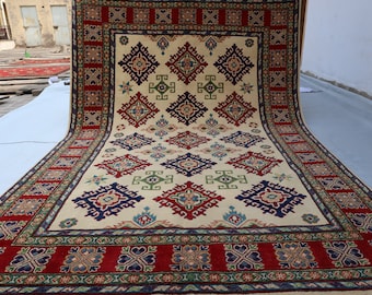 6x9 Afghan Kazak Area Rug/ Turkmen Red Beige Handmade Wool Rug/ Vegetable dyes rug/ Oriental Rug/ Bedroom/ Living Room rug/ 6x9 Kitchen Rug