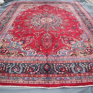 10x13 One of a kind Rug, Antique Caucasian Central Design Rug, Red Tribal Afghan Rug, Hand Knotted Wool Vintage Rug Distressed Soft Pile Rug