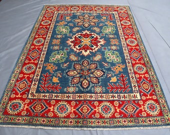 5x7 Fine Serapi design Afghan Hand Knotted Wool Rug/ Turkish Pattern Tribal Kazak Area Rug/ Ocean Blue Oriental Rug/ Bedroom Living Room Rug