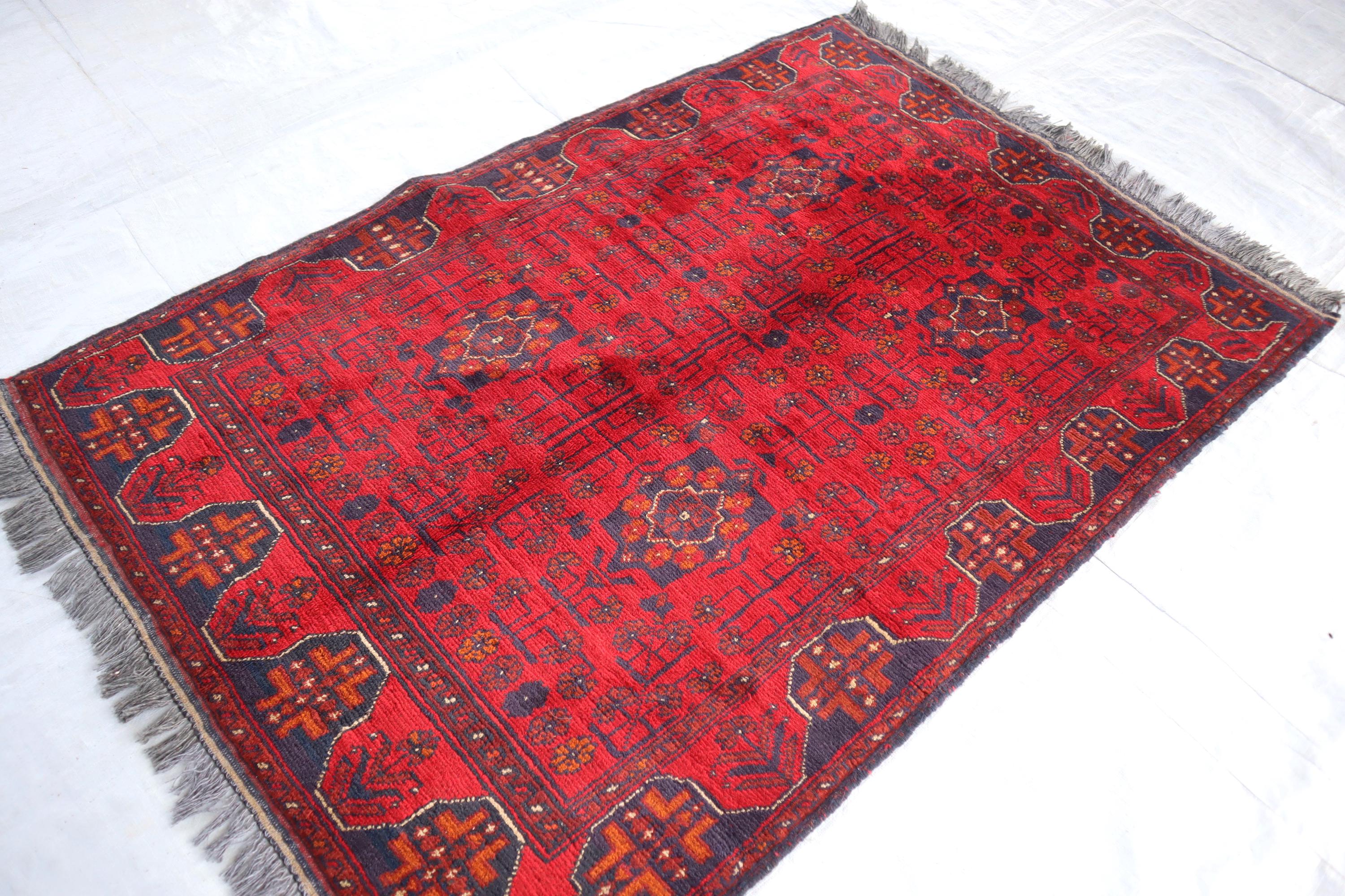 Afghan Red Carpet 3x5 Ft Handmade Turkmen Tribal Bukhara Khal