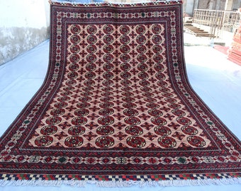 7x10 ft Beige Red Vintage Ersari Rug, Handmade Wool Ivory Red Turkmenistan Bokhara Rug 200x300 cm Bedroom Rug, Living Room Rug, Kitchen Rugs