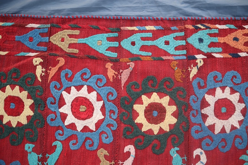 Red Suzani Kilim Rug 5x5 Hand Embroidery Bedspread Suzani, Wall Hanging, Home Decor, suzani embroidery, Suzani table cover, Suzani bedcover image 3