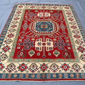 Geometric Kazak Rug 5x7 Afghan Handmade Wool Veg dyes Area Rug/ Turkmen Tribal Fine Caucasian Kazak Area rug 150x200 cm Oriental Bedroom Rug