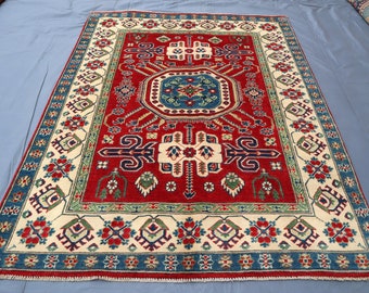Geometric Kazak Rug 5x7 Afghan Handmade Wool Veg dyes Area Rug/ Turkmen Tribal Fine Caucasian Kazak Area rug 150x200 cm Oriental Bedroom Rug