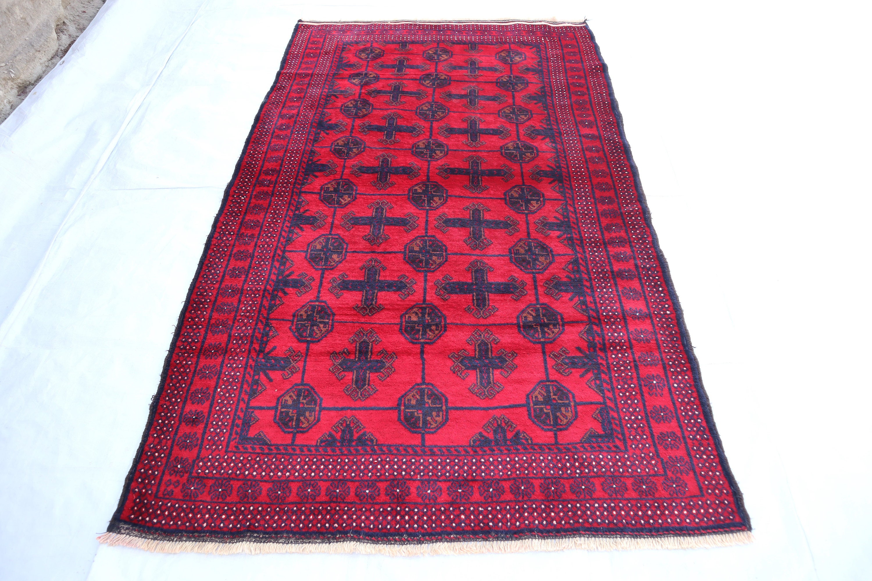 3'9x6'4 Ft Afghan Vintage Ersari Rug/ Turkmen Hand Knotted Wool Rug ...