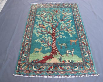 4x6 Gabbeh Area Rug - Gray Blue Hand knotted wool Veg dyes Rug - Tree Of Life Rug - Rugs for Living room Kitchen - Bedroom rug Landscape rug