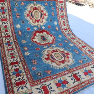 4x6 Blue Beige Kazak Area Rug - Afghan Hand Knotted Natural veg dyes Wool Oriental Rug - Kitchen Rug- 4x6 Rugs for Living Room - Bedroom Rug
