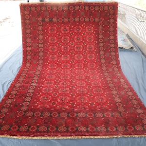 Antique Afghan Rug, 6&#39;8x9&#39;9 ft Vintage Turkmen Bokhara Wool Area Rug, Afghan Hand Knotted Distressed Area Rug Rusty Red Oriental Carpet 7x10