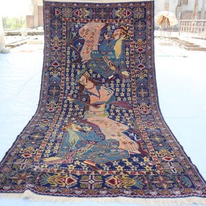 3&#39;5x7&#39;0 ft, One of a kind Antique Pictorial Rug, Navy Blue Beige Afghan Handmade veg dyes Wool Art Rug, Vintage Tribal Baluch Rug Home decor