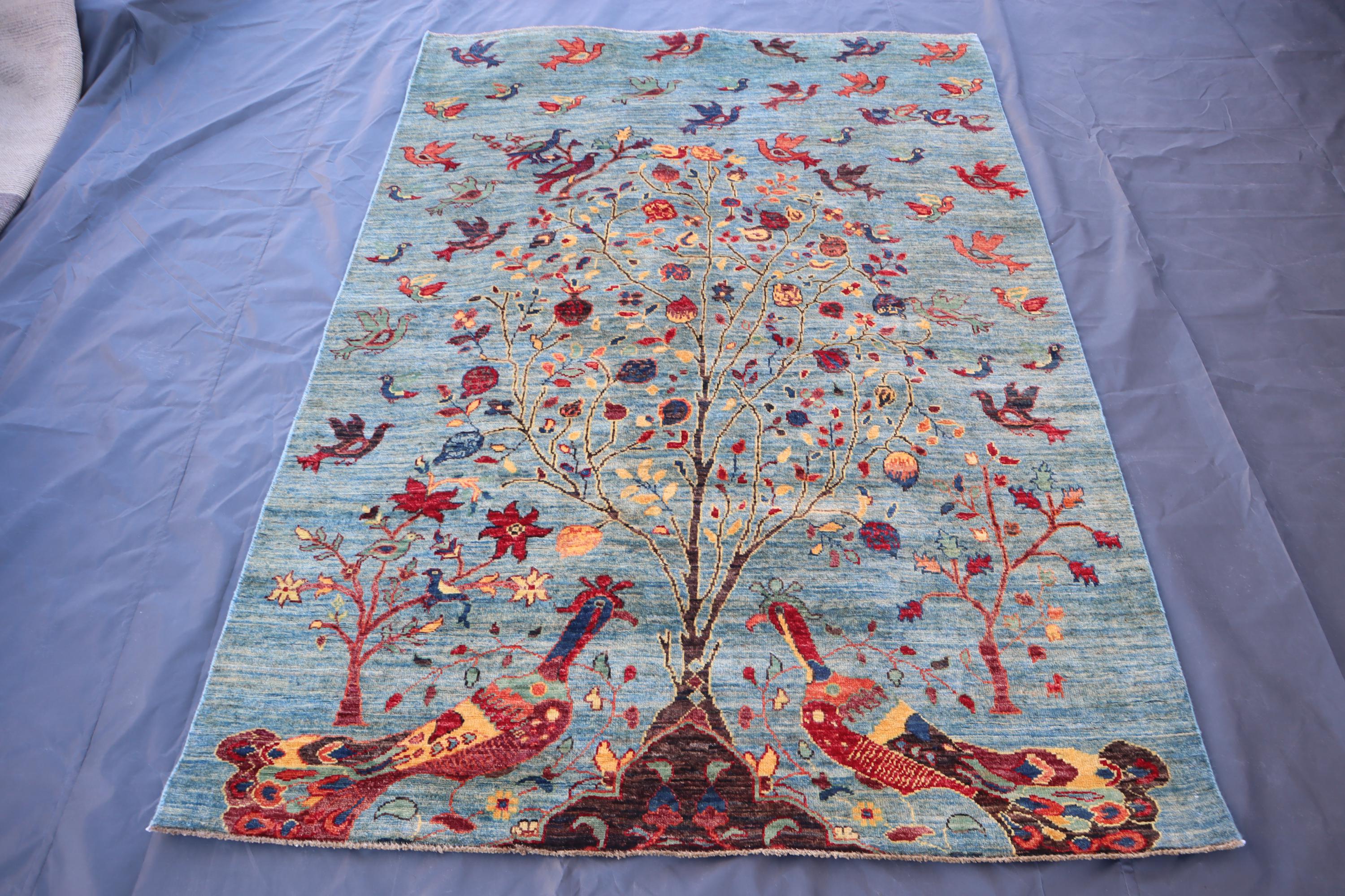Blue Birds Trees Pictorial Art Rug 5x7 Afghan Hand Knotted veg dyes Wool Gabbeh Rug, Blue Tree of life Rug, Home decor, 7x5 Living Room Rug