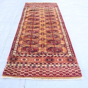 Vintage Rug 2x5 ft Runner Rug, Gold Red Afghan Hand Knotted Wool Rug, Turkmen Ersari Runner, Hallway Runner Rug, Oriental rug, 60x150 cm Rug